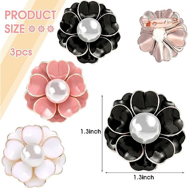 3 delar Blomma Brosch Pins Set Kvinnor Pearl Emalj Svart Vit Pi