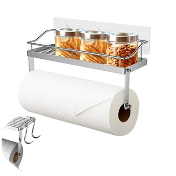 Klæbende vægmonteret toiletrulleholder til køkken, badeværelse og balkon, SUS 304 rustfrit stål 3 selvklæbende kroge + 4 kroge