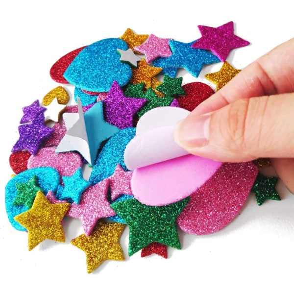 210 stykker Farverige Glitter Skum Stickers Selvklæbende Stjerner Mini Hjerte Glitter