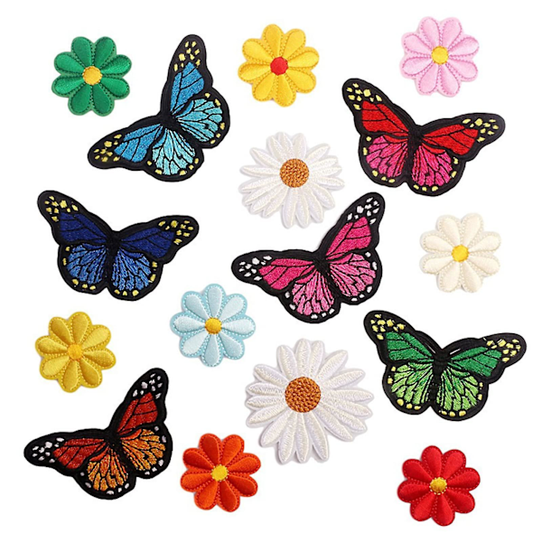 Pack of 16 Iron-On Patches Flowers and Butterfly Embroidered Patches, Appliques for Adults Children, Iron-On Patches for Jeans