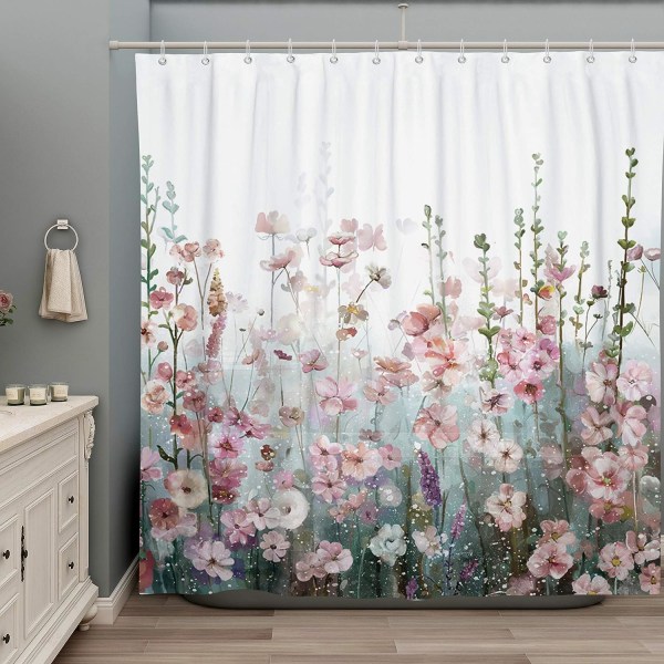 Färgglada blomma duschdraperi badrum Rosa blommiga romantiska vilda