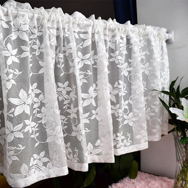 Valkoinen pitsiverho keittiön ikkunaan, jacquard-kukallinen läpikuultava verhotangon tasku, 1 kpl (106*45cm)