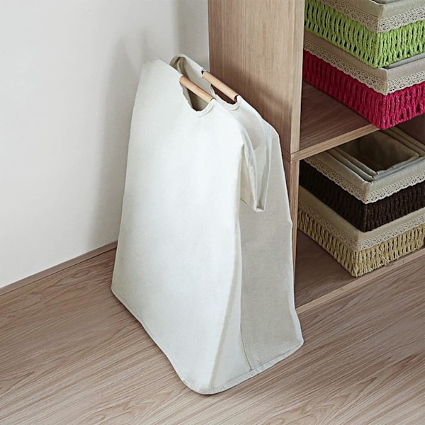 Foldbar kleskurv i bomullslin, stor kapasitet med trehåndtak, kleskurv (beige, 27*40*56cm)