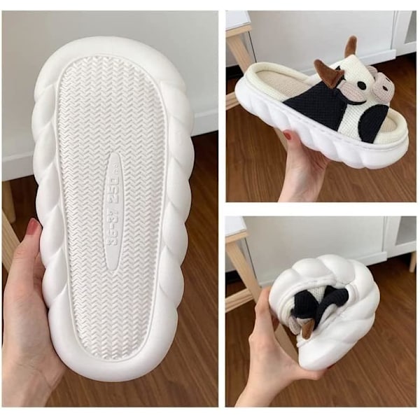 Söta tecknade koslippers Anit-Slip Hemtofflor Inomhus Mjuk Tjock Sula Bekväm Djur Mute Ko Linne Slides Dam Slip on Skor (Storlek: 38-39)