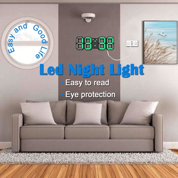 3D LED Digital Väggklocka, 8,4\" Stor Skärm för Sovrum, med 3