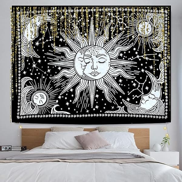Sol och måne gobeläng svartvit sol gobeläng väggark hängande