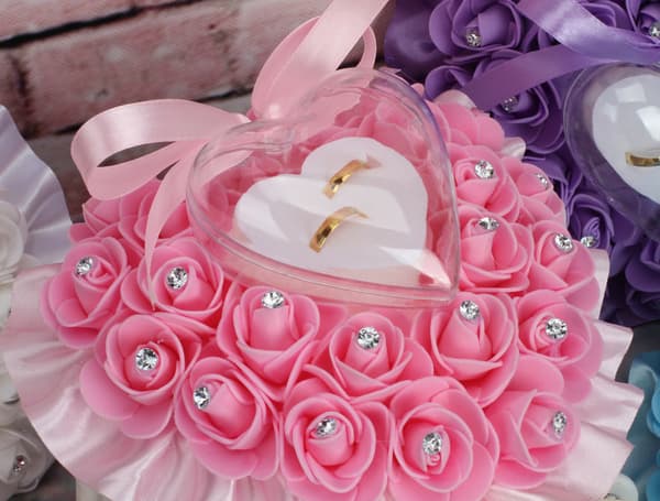 1 stk. Pink Bryllupsringpude Hjerte Ringæske Blonder Krystal Rose