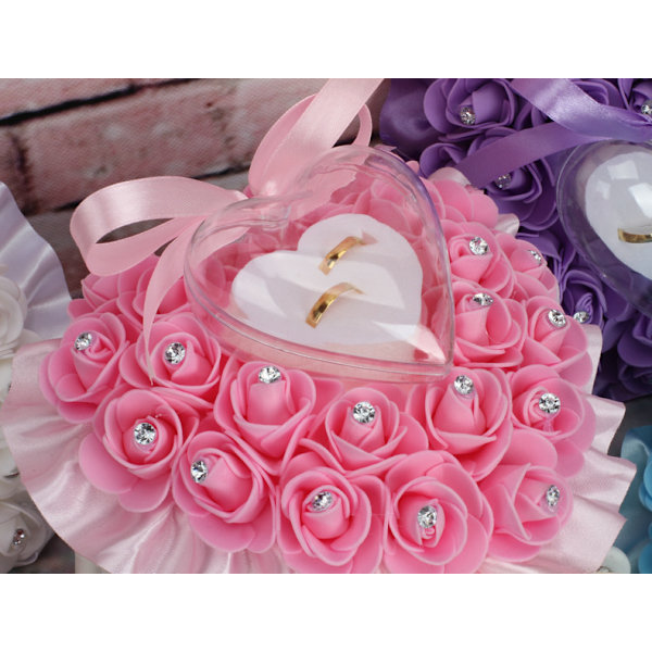 1 stk. Rosa Bryllupsring Pude Hjerte Ring Æske Blonder Krystal Rose