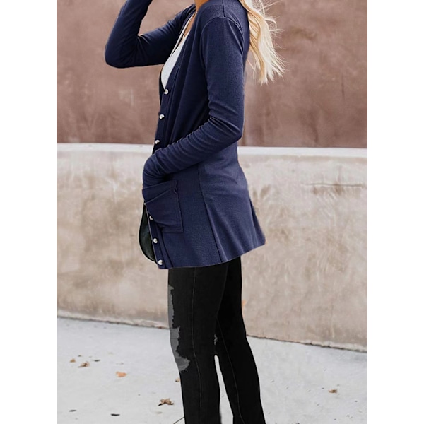 Dame Cardigans Knapper Ned Solid Strikket Løs Cardigans med Lommer