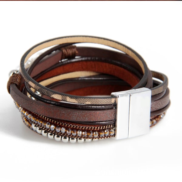 Läderomslag Armband Boho Manschett Armband Kristall Läder Armband Magnetisk Flerskikts Armband Bohémiskt Armband Läder Armband Bangle Smycken för Kvinnor Tonårsflickor Fru Mor