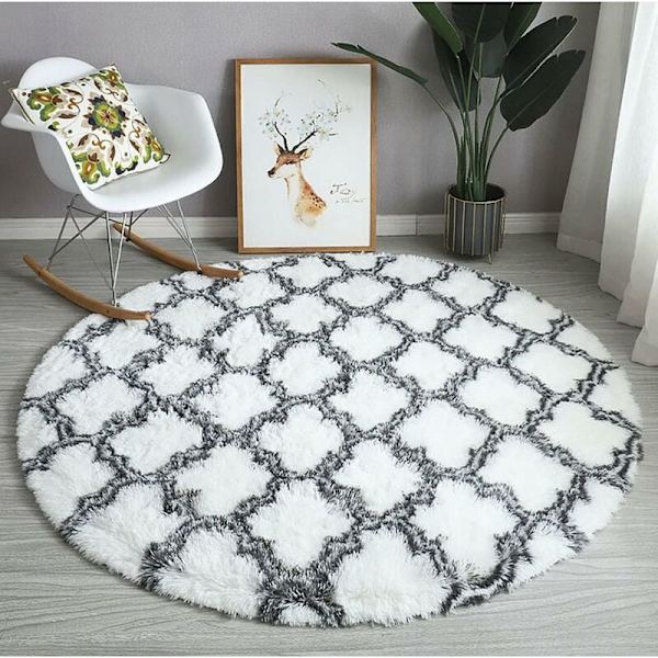 Koselig Basic Rund Teppe Mykt Sklisikkert, Vaskbart Teppe Med Lang Myk Haug, Dekorativt Teppe For Soverom, Stue, Sofa Og Stoldekorasjon, Firkløver, Hvit 120cm
