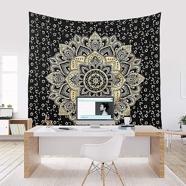 Gull Mandala Gobelin Soverom Estetisk - Indie Veggteppe Hippie Rominnredning - Boho Gobeliner - Trippy Liten Gobelin Veggteppe - Svart Gull Veggkunst 52x60 Tommer