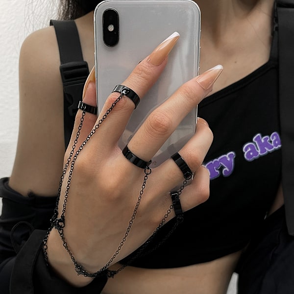 Punk Finger Ring Armbånd Lagdelt Kvast Kæde Armbånd Åben Ring