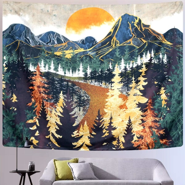 Bergstapet väggbonad skogsträd konsttapet solnedgångstapet natur (51,2 x 59,1 tum)