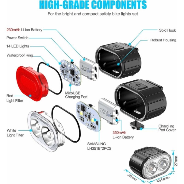Pyörän valosarja, pyöräurheilun LED-takavalo ja ajovalo, 4 valotilaa etuvalo ja 6 valotilaa takavalo, täydellinen maasto- tai maantiepyöräilyyn
