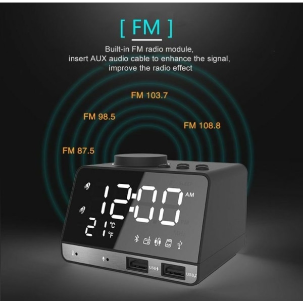 LED Dobbelt Alarmur Spejl Ur Radio Højttaler til Badeværelse Bas Trådløs