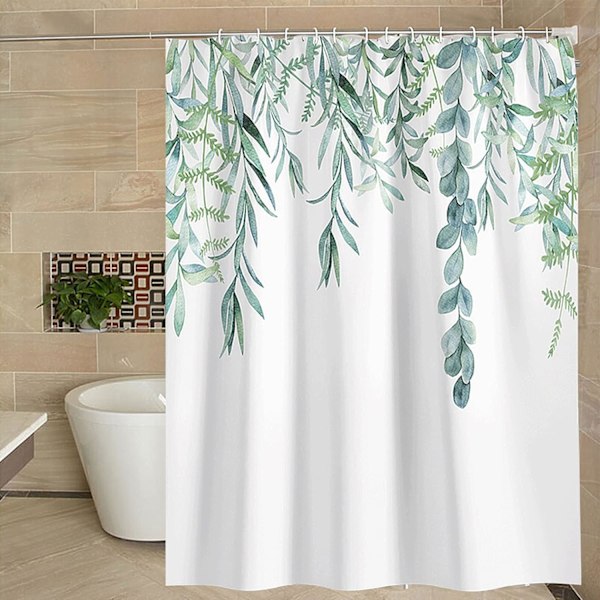 Bruseforhæng Vandtæt Mugbestandig Badeforhæng Polyester Grønt Blad Plante Print Vaskbart Hjem (180CM x 200CM)