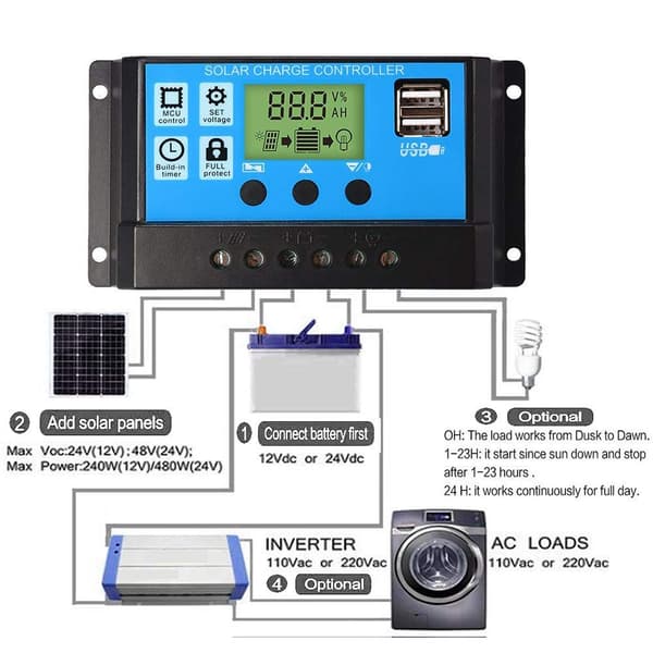 30A 12V/24V PWM Solcellsladdningsregulator med USB-port och LCD-display