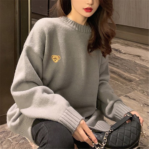 Kvinners Oversized Crewneck Lykteslange Ermet Løs Genser Chunky