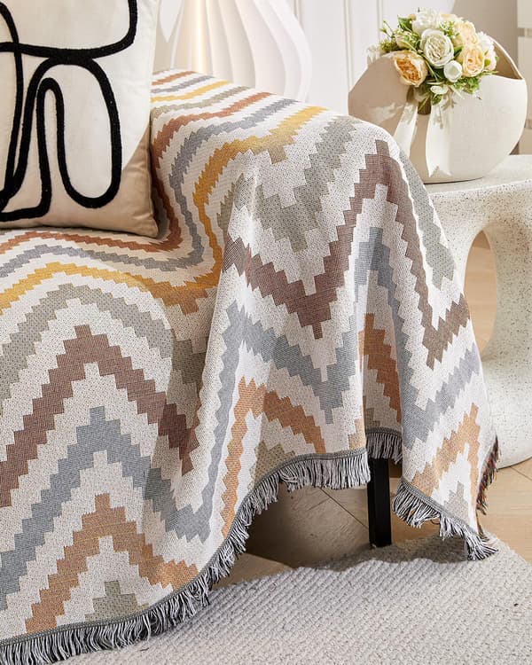 Jianju Wave Pattern Heart Sea Pattern Sofa Blanket Stue Kaffebord Sofa Blanket Geometrisk Splicing Pattern Blød Møblering, 130*180
