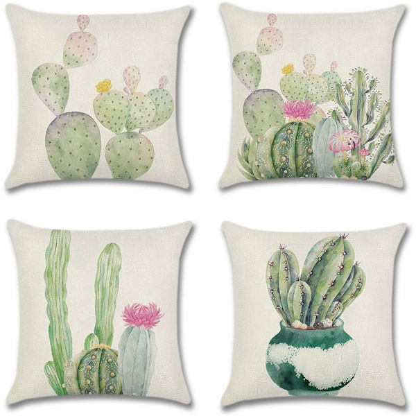 4 kpl tyynynpäälliset 45 x 45 cm polyesteri ja pellava koristetyynynpäällinen auto sohva kodin sisustus tyynynpäälliset (Kaktus)