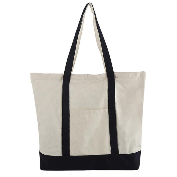 Stilful Canvas Tote Bag Med En Ekstern Lomme, Top Lynlås Lukning, Daglig