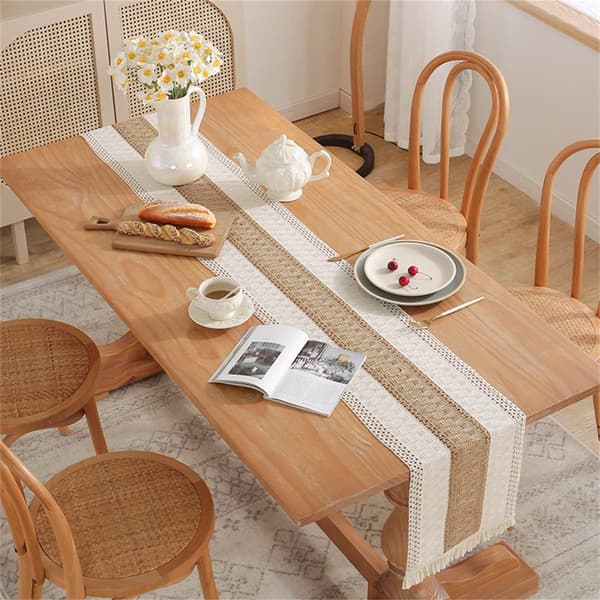 Boho Bordløber til Hjemmeindretning med Kvaster 220cm Lang Landlig Rustik