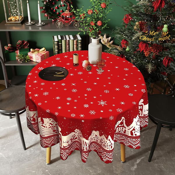 Rund Juledug Vaskbar Polyester Snefnug Mønster Rød, Diameter 120CM