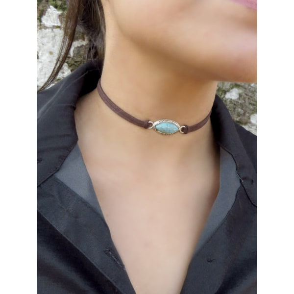 Boho Teal Kaulakoru Ketju Ruskea Nahkainen Choker Kaulakoru Mokkanahkainen Hippi Koru Naisille ja Tytöille, Vapaa Koko