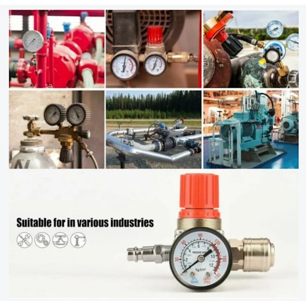 1 stk. Tryklufttrykreduktionsventil, 1/4 Trykreduktionsventil, 4-huls trykregulator med manometer, kompressor