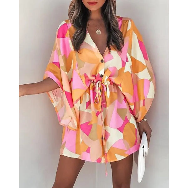 Kvinners Blomstrete Plunge Neck Knot Front A Line Kort Kjole (oransje og rosa fargematch-M)