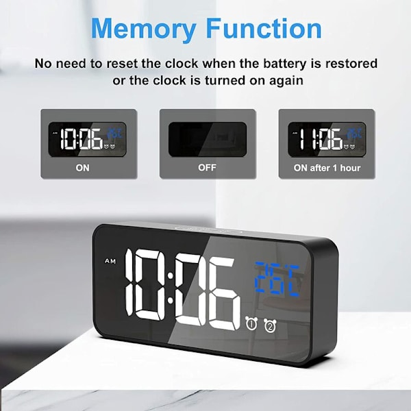 Digitalt vækkeur, LED digitalt vækkeur med temperatur/snooze/2 alarmer/12/24 timer/USB-opladningsport/16 sange (sort)