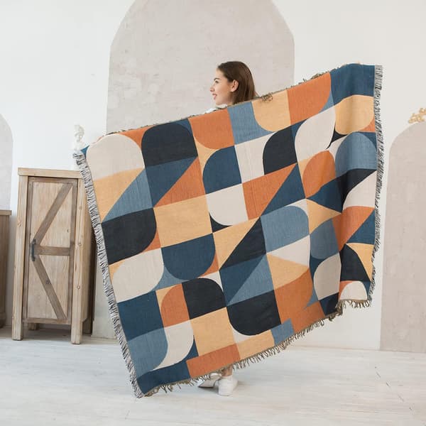 Beige Boheme Sofa Kast, Etnisk Vævet Boho Geometrisk Multifarvet Blå og Orange Kast til Sofa Aztec Sengetæpper Overdimensioneret Stol Sof