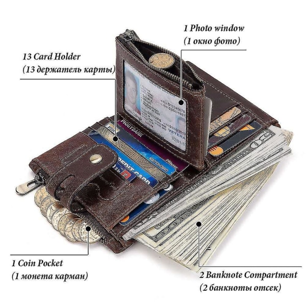 Rfid Blocking Herr plånbok i äkta läder - Nyckelring med knäppning