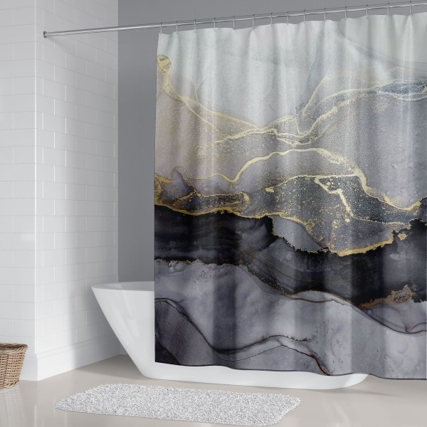 4 Piece Marble Shower Curtain Set with Rug, Black Grey Gold Bathr