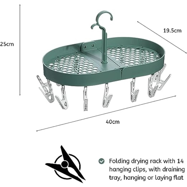 Hengende tørkestativ, sokk, plast sammenleggbare tørkestativ kleshenger med 360° svingbar krok for undertøy, sokker, tørkestativ med 14 klesklyper (grønn)