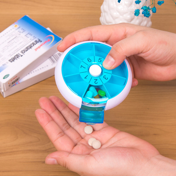 7 dagars daglig pillerorganisatör, liten rund pillerask medicin vitaminer behållare pillerask pillerdispenser medicin för resor blå