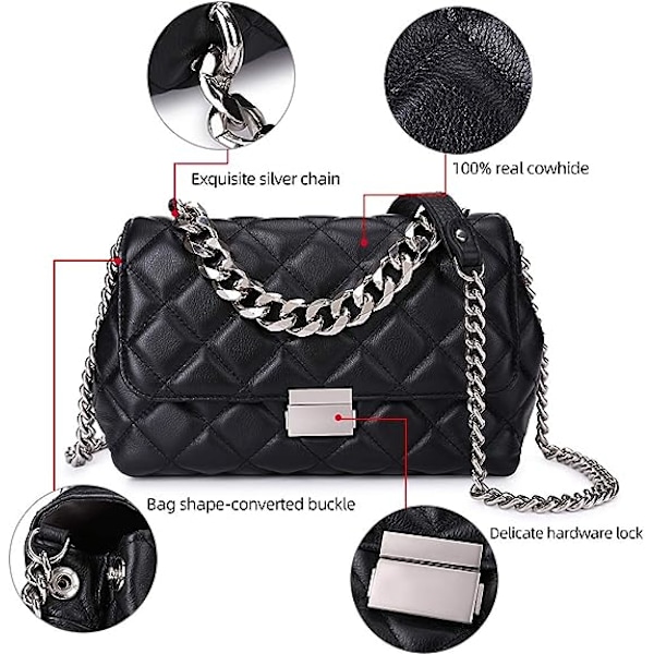 Nahkainen, tikattu olkalaukku, klassinen crossbody-laukku metalliketjulla, musta