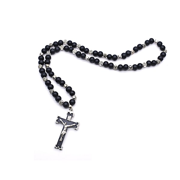 Lang perlekjede rosenkrans halskjede med Jesus kors krusifiks anheng hvit keramikk
