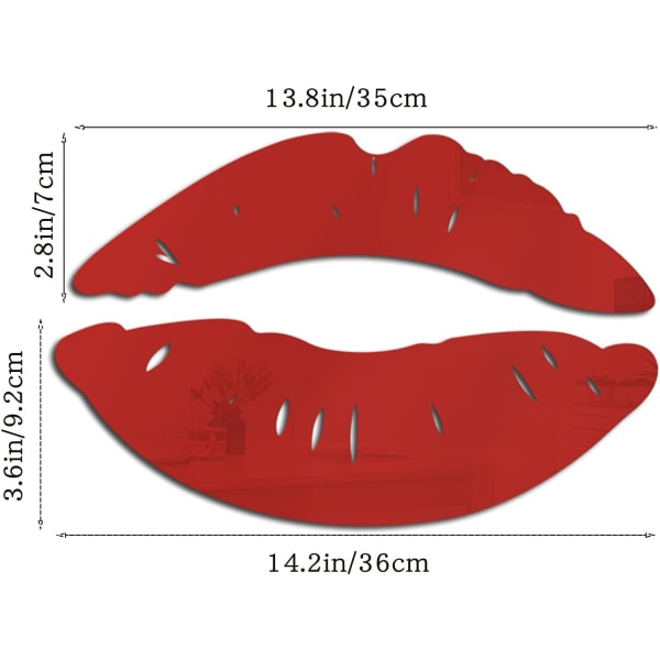 2 sett røde lepper speil vegg klistremerker, 3D store kyss form klistremerker, akryl DIY kunst