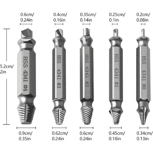 5-pakke profesjonell skrueuttrekker, skadet skrueuttrekker, høyhastighetsstål, for defekte skruer, bolter og metallstifter (sølv)