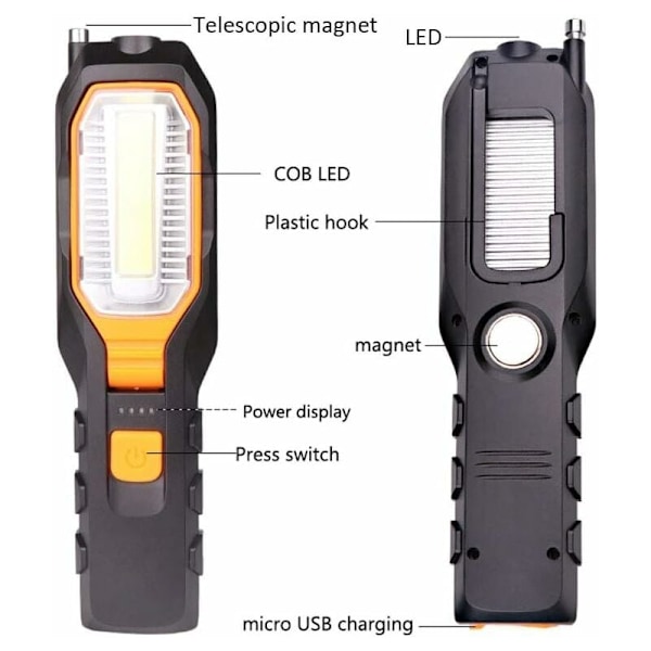 Inspeksjonslampe, oppladbar LED arbeidslys, Cob arbeidslys, LED lommelykt, med magnetfot og opphengskrok