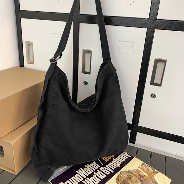 Dam Canvas Crossbody Väska Stor Kapacitet Messenger Väska Casual Axelväska Resväska Shoppingväska，Svart