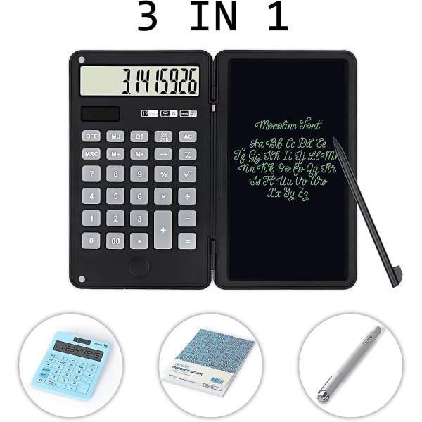 Skrivebordslommeregner med sletbar LCD-skrivetablet, 12-cifret bas