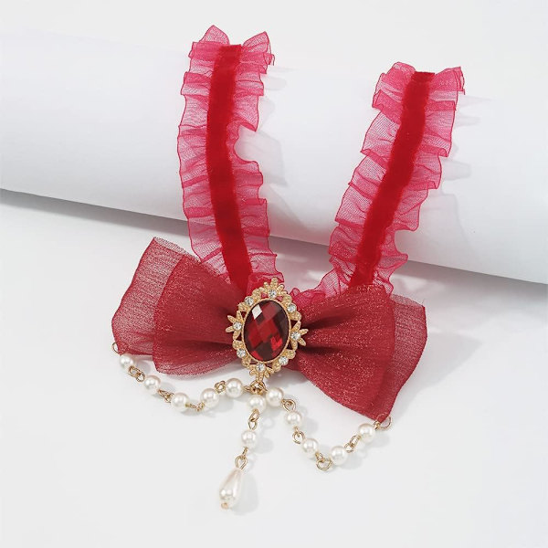 Elegant spetsbågsknytning choker halsband för kvinnor och flickor röd spetsgarn kvävning med pärlhalsband kvinnor accessoarer (röd)