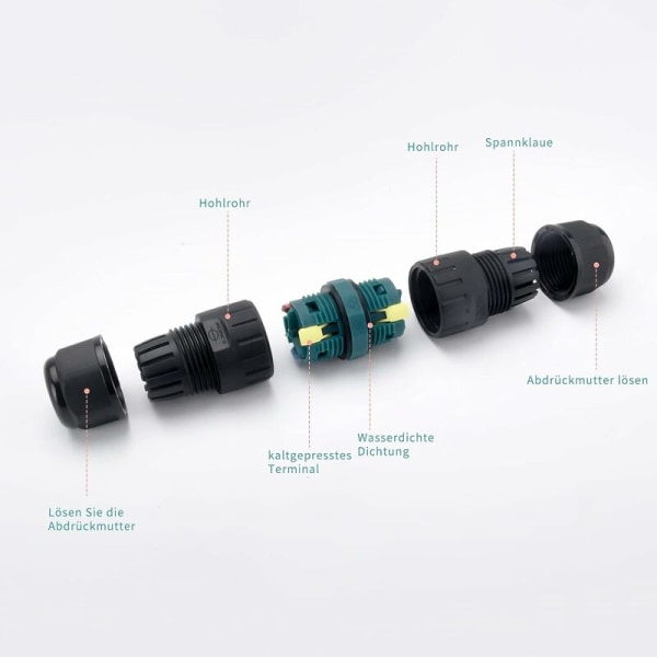 2 stk. 3-polet IP68 vandtæt kabelforbindelse til 9-12 mm ledningsdiameter jordkabel