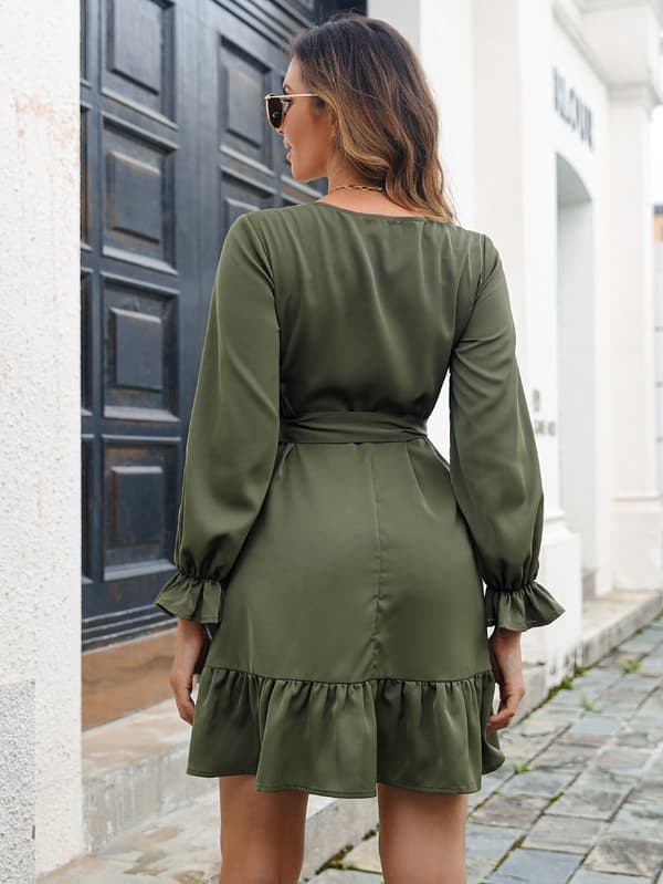 Womens Spring Summer Knot Front V Neck Ruffles Long Sleeve Swing