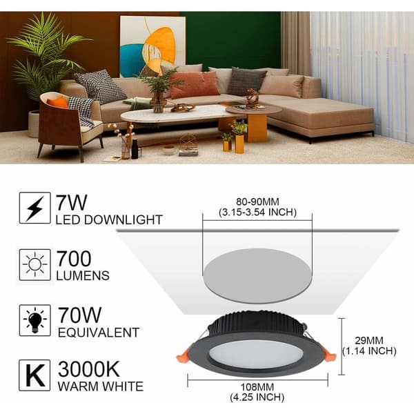 Led Downlight Recessed Black Extra Flat, 2 Pack 7W 700LM = 70W glødelampe, IP44