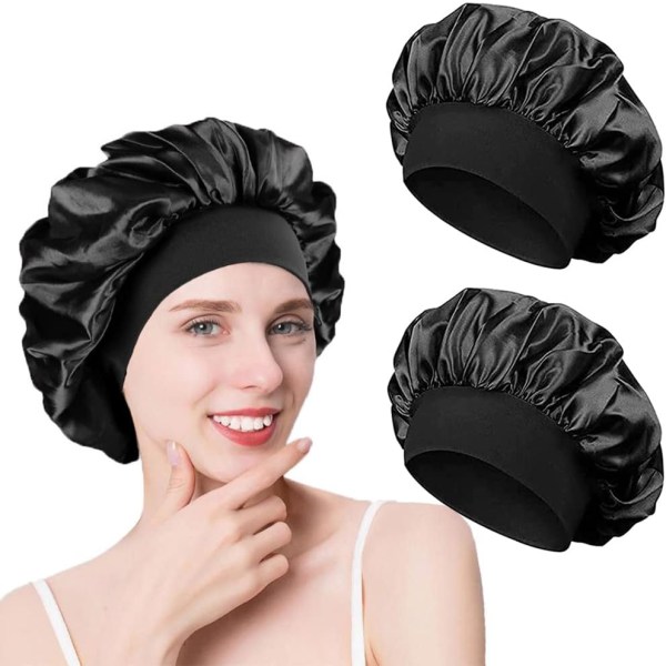 2 stykker silke satin nat hårkappe, til kvinder (sort+sort)