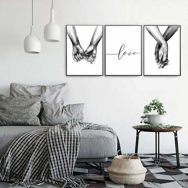 Nordic Ideas -sarja, 3 mustavalkoista julistetta, joissa kädet pitävät toisiaan ja rakkauslainaus, seinätaide, makuuhuoneen sisustus, kangasmaalausjuliste, olohuoneen sisustus, kehyksetön 30x40cm